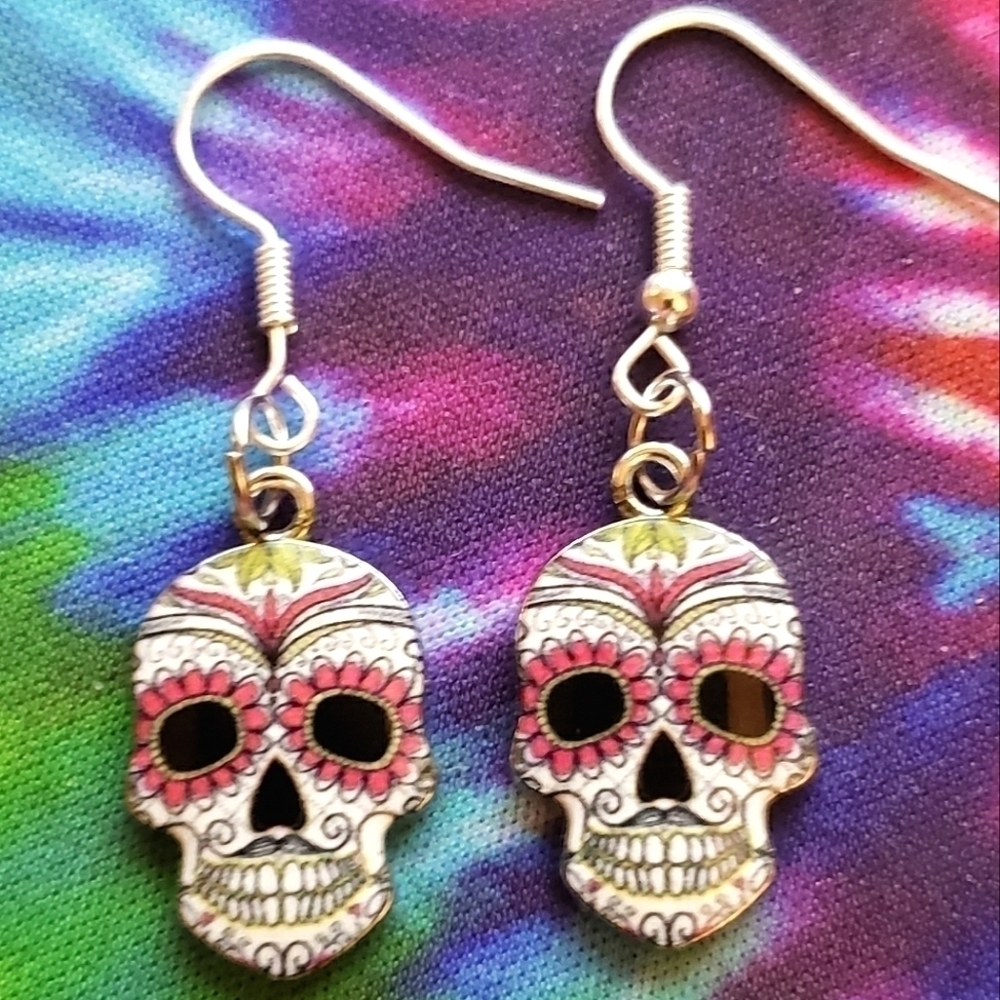 Halloween Pink and White Candy skull Day of the Dead earrings